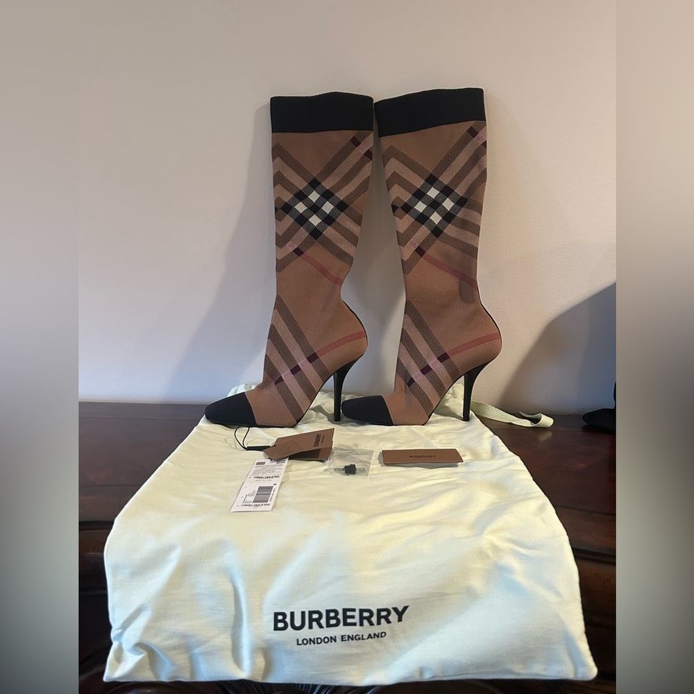 Burberry Beige check stretch knit sock boots